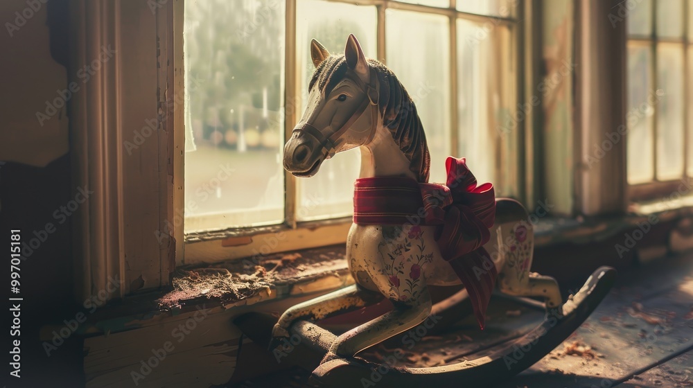 Antique rocking horse adorned with velvet bow by window Antique rocking horse adorned with velvet bow by window