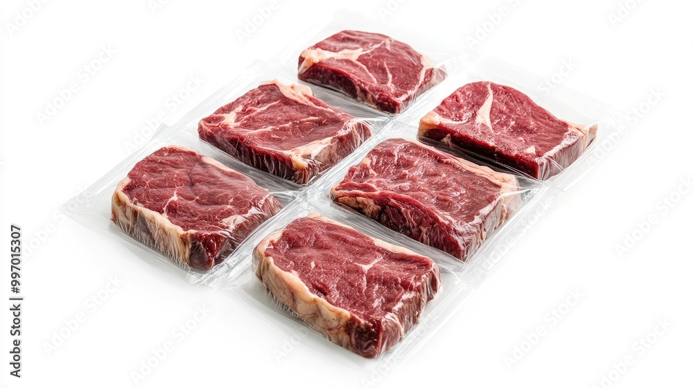Fresh sirloin steak in clear plastic packaging, arranged on a white background, perfect for grocery or meat market promotions. Fresh sirloin steak in clear plastic packaging, arranged on a white background, perfect for grocery or meat market promotions.