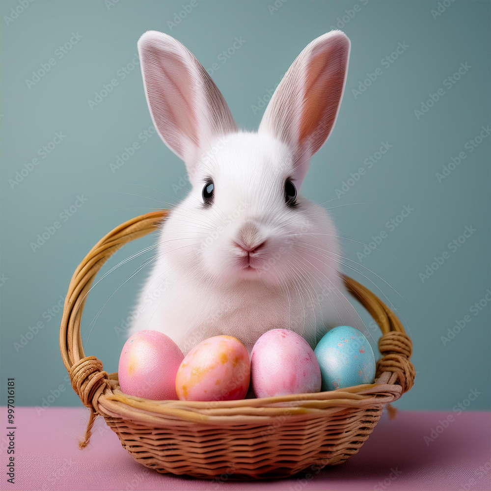 Coelhinho da pascoa branquinho e fofo, segurando uma cesta de ovinhos coloridos, fundo claro tons pasteis. Festividades, data comemorativo. Páscoa, ovos coloridos. cesto de ovos. Pelo branquinho. Coelhinho da pascoa branquinho e fofo, segurando uma cesta de ovinhos coloridos, fundo claro tons pasteis. Festividades, data comemorativo. Páscoa, ovos coloridos. cesto de ovos. Pelo branquinho.