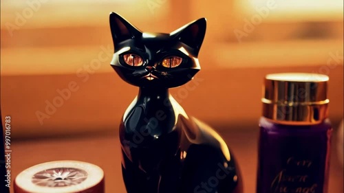 Horizontal Halloween video, beauty, cosmetics, perfume, porcelain figurine of a black cat with yellow eyes photo