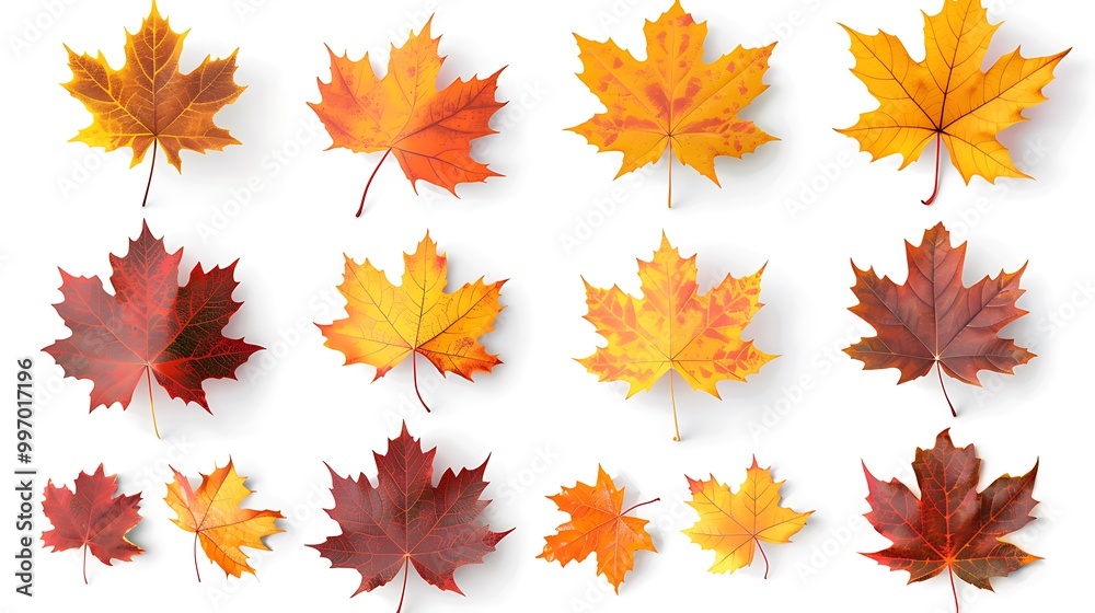 Fototapeta premium Colorful autumn leaves set isolated on white background ai generative