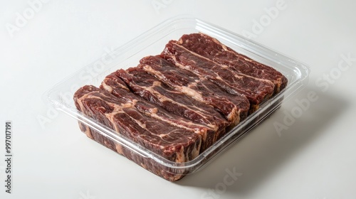 Packaged brisket in a clear plastic container, neatly arranged on a white background, emphasizing its thick cut and ready-for-sale appeal.