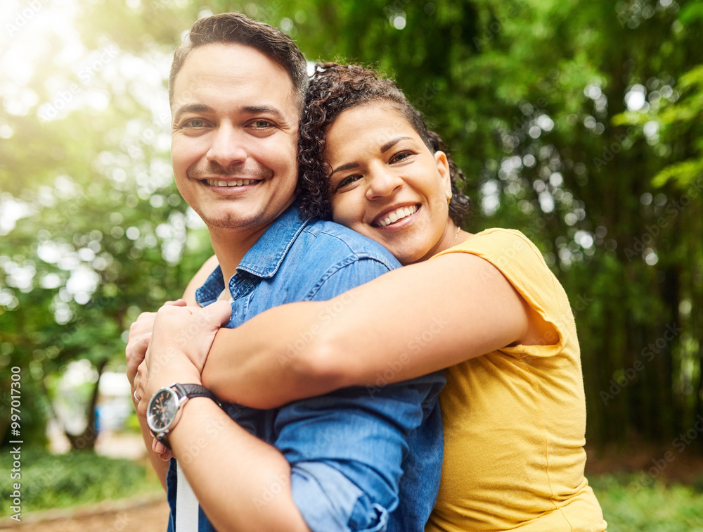 Outdoor, couple and portrait with hug for connection, happy marriage and relationship in backyard. People, woman and man with love embrace for bonding together, commitment and affection in park Outdoor, couple and portrait with hug for connection, happy marriage and relationship in backyard. People, woman and man with love embrace for bonding together, commitment and affection in park