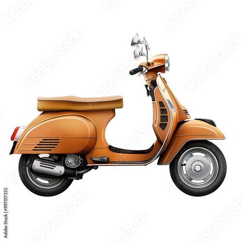 A yellow scooter with a brown seat and a black handlebar photo