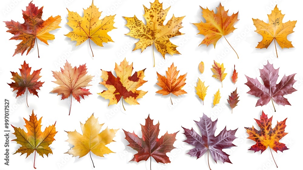 Fototapeta premium Colorful autumn leaves set isolated on white background ai generative