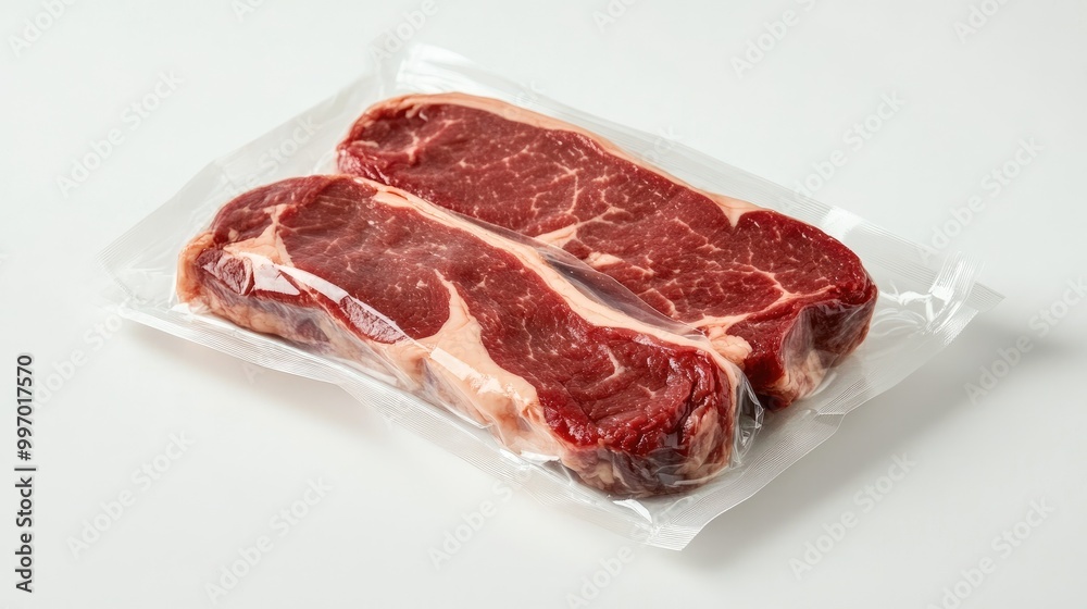 Packaged chuck steak in vacuum-sealed plastic, placed on a white background, highlighting its marbling and ready-to-cook freshness for a retail setting. Packaged chuck steak in vacuum-sealed plastic, placed on a white background, highlighting its marbling and ready-to-cook freshness for a retail setting.