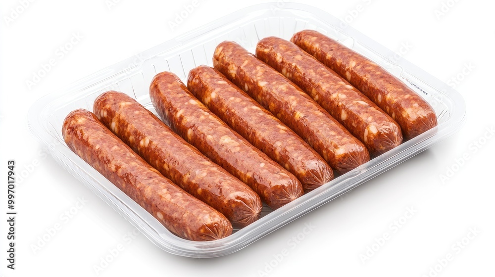 Packaged gourmet sausages in a clear plastic tray, with a white label, set on a white background, emphasizing the product premium quality and cleanliness. Packaged gourmet sausages in a clear plastic tray, with a white label, set on a white background, emphasizing the product premium quality and cleanliness.