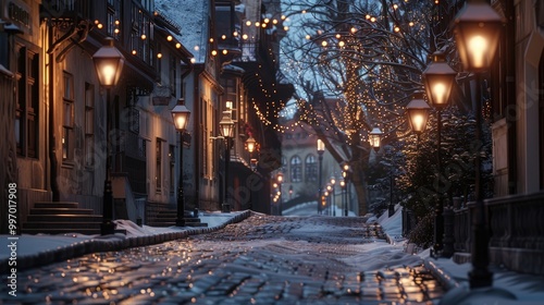 Glowing lanterns lining snow-covered cobblestone street