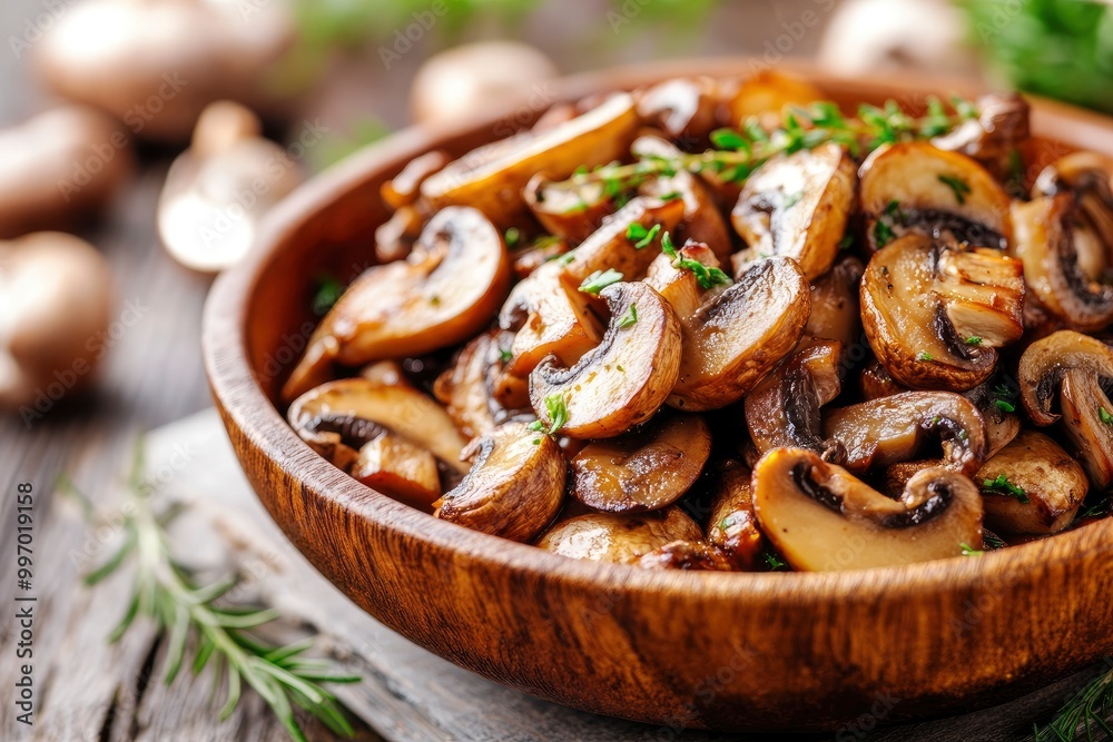 Roasted sliced champignon mushrooms in the bowl - generrative ai Roasted sliced champignon mushrooms in the bowl - generrative ai