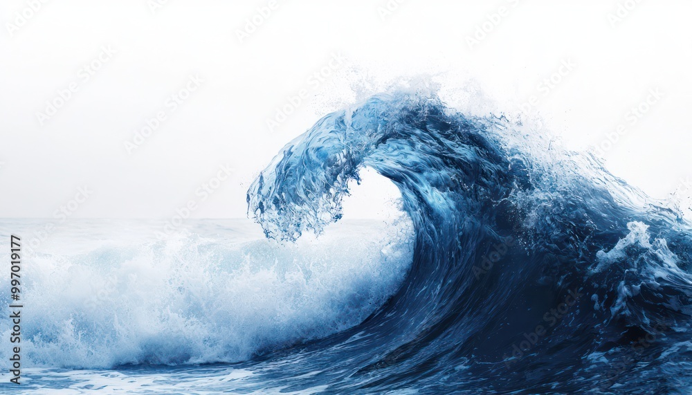 Obraz premium A large, stormy sea wave captured in deep blue, isolated against a white background to emphasize the power and mood of the ocean