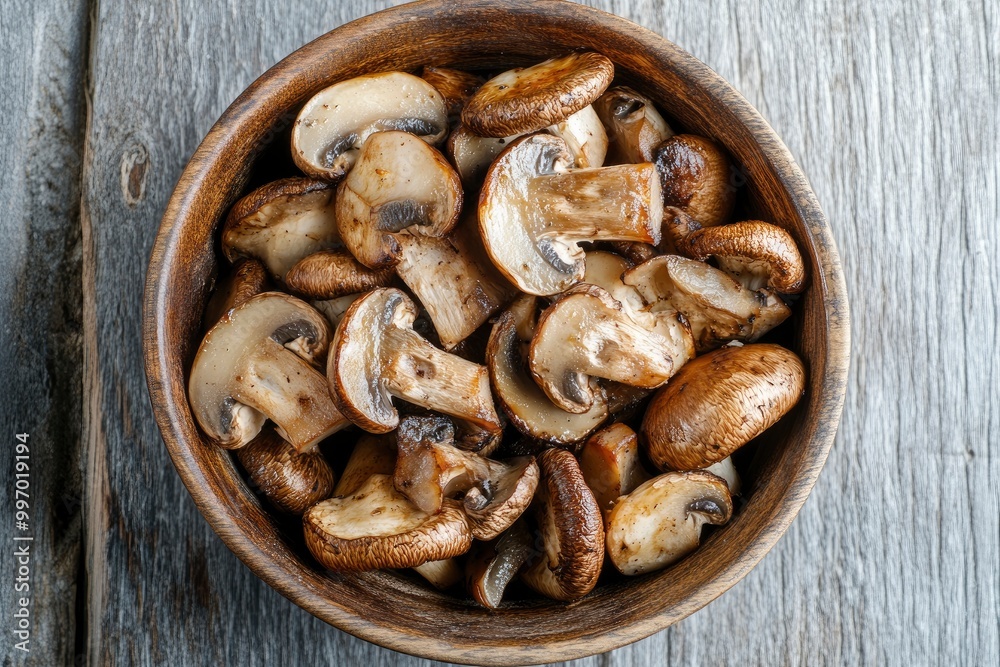Roasted sliced champignon mushrooms in the bowl - generrative ai Roasted sliced champignon mushrooms in the bowl - generrative ai