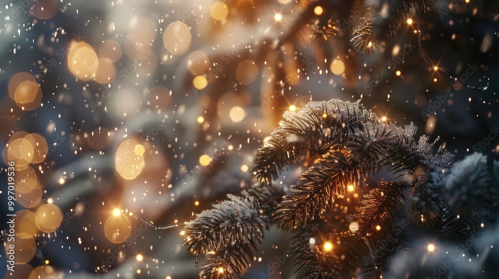 Snow-covered pine branches with lights, Snow-covered pine branches with lights,
