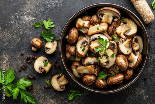 Roasted sliced champignon mushrooms in the bowl - generrative ai photo