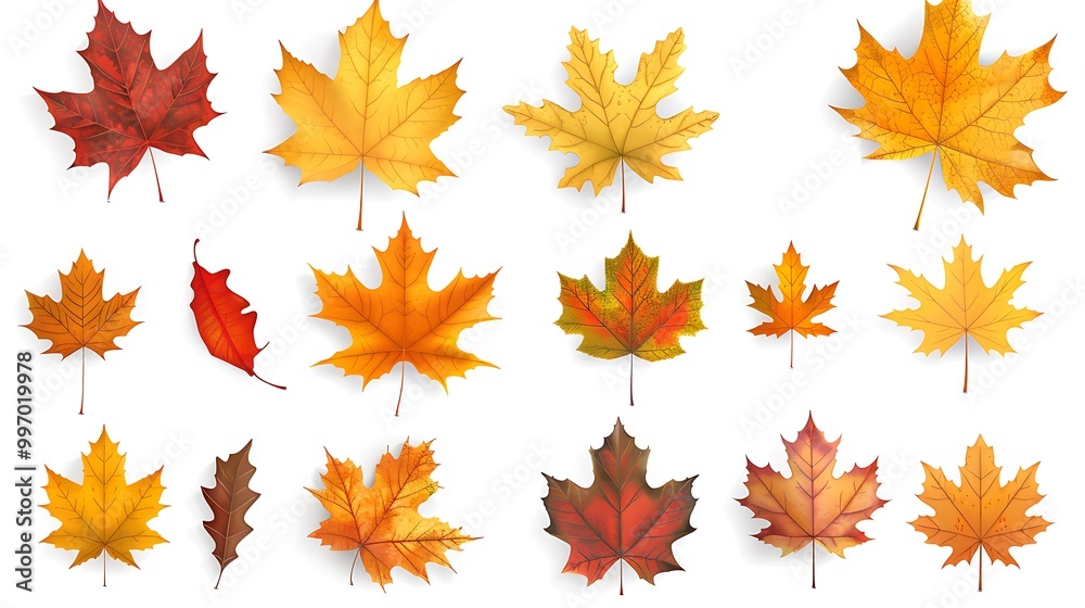 Fototapeta premium Colorful autumn leaves set isolated on white background Al Generative