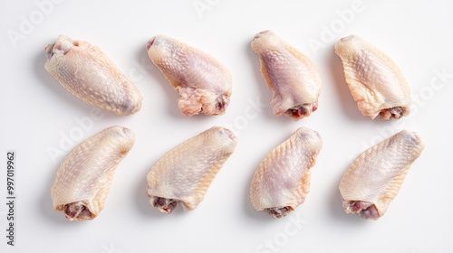 Raw chicken wings arranged on a white background, emphasizing their clean and fresh appearance for meal ideas or recipe visuals.