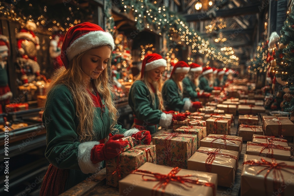 A Santa's gift factory, where adult women and men elves are packing gifts into festive boxes. Generative AI A Santa's gift factory, where adult women and men elves are packing gifts into festive boxes. Generative AI