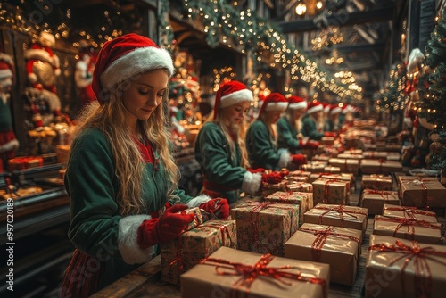 Wallpaper Mural A Santa's gift factory, where adult women and men elves are packing gifts into festive boxes. Generative AI Torontodigital.ca