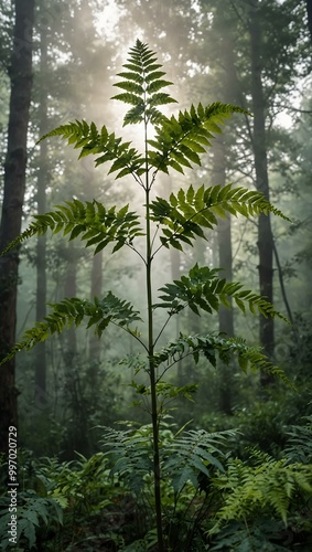 Tall green plant amidst vibrant foliage and hazy trees.