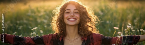 Happy woman with arms open in a sunlit meadow, enjoying nature and freedom