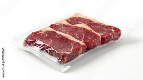 Sirloin steak in vacuum-sealed packaging, placed on a white background, highlighting its freshness and perfectly cut portions for a retail setting.