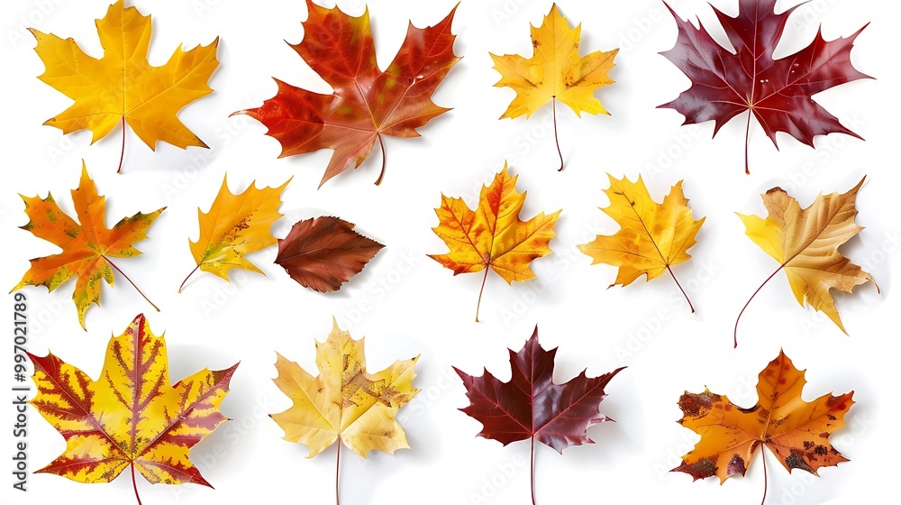 Fototapeta premium Colorful autumn leaves set isolated on white background Al Generative