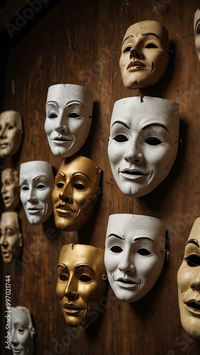 Theatrical masks representing tragedy and comedy.