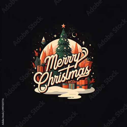 Merry Christmas square trendy card with christmas tree, gift boxes, festive decorations, greeting, winter holidays illustration, invitation, postcard, sticker design.