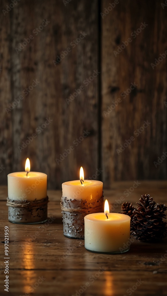 Three burning candles on a wooden table, creating a cozy atmosphere. Three burning candles on a wooden table, creating a cozy atmosphere.