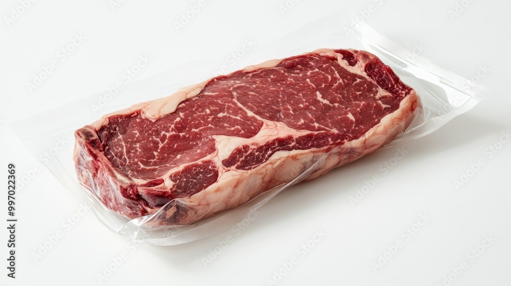 Vacuum-sealed ribeye steak with visible marbling, arranged on a clean white background, emphasizing its high quality and ready-to-cook appeal. Vacuum-sealed ribeye steak with visible marbling, arranged on a clean white background, emphasizing its high quality and ready-to-cook appeal.