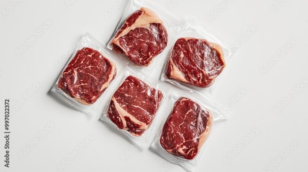 Vacuum-sealed ribeye steak with visible marbling, arranged on a clean white background, emphasizing its high quality and ready-to-cook appeal. Vacuum-sealed ribeye steak with visible marbling, arranged on a clean white background, emphasizing its high quality and ready-to-cook appeal.