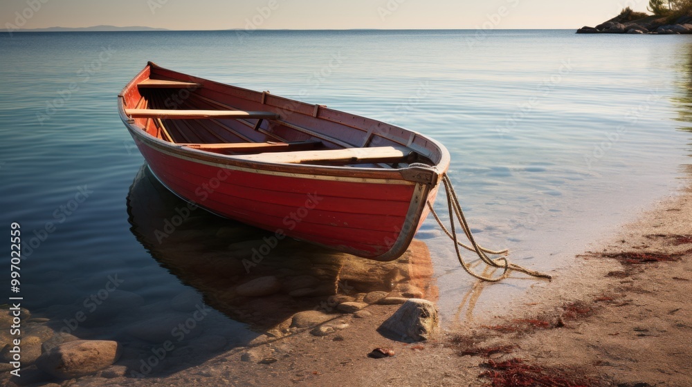 Naklejka premium A solitary wooden boat gently resting on the calm, clear waters near a sandy shore, evoking a serene and timeless tranquility.