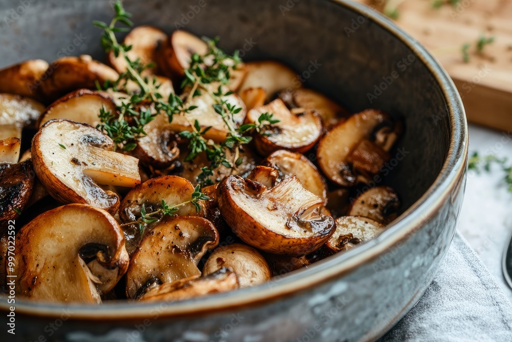 Roasted sliced champignon mushrooms in the bowl - generrative ai Roasted sliced champignon mushrooms in the bowl - generrative ai