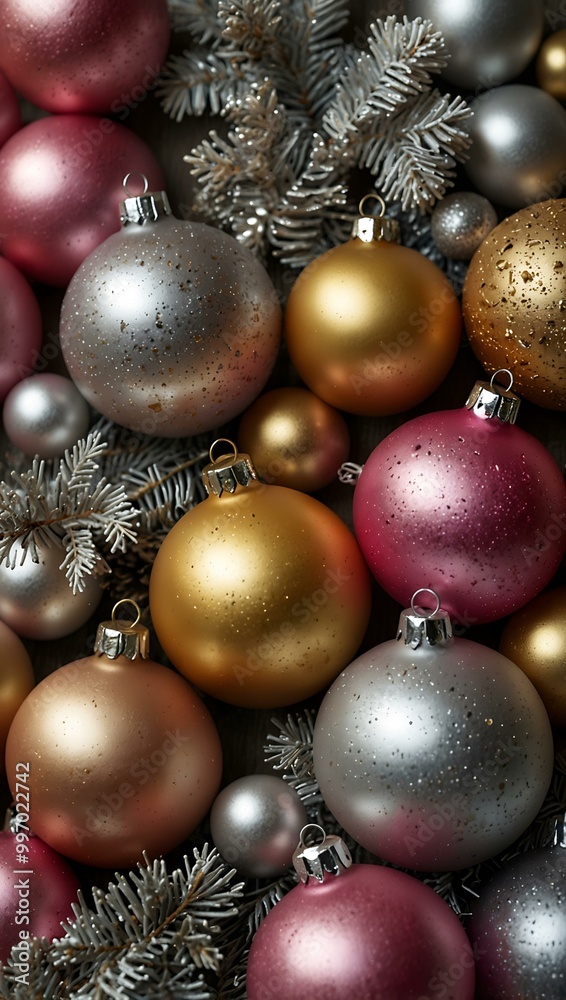 Top view of Christmas decorations in silver, gold, and pink. Top view of Christmas decorations in silver, gold, and pink.