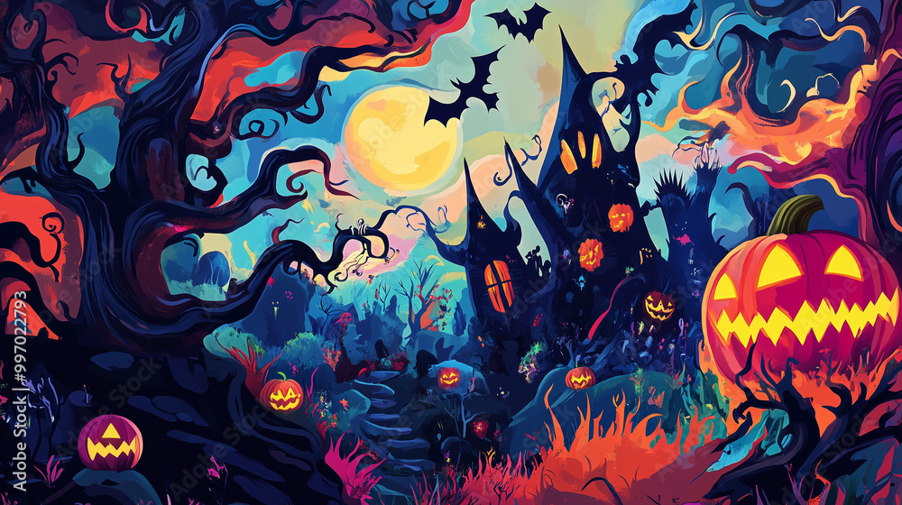 „Kolorowa i abstrakcyjna scena Halloween przedstawia surrealistyczny świat, w którym dynie świecą się w różnych odcieniach pomarańczy i fioletu.