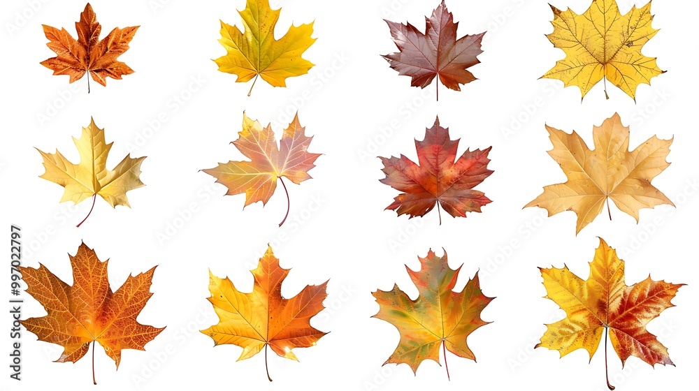 Fototapeta premium Colorful autumn leaves set isolated on white background Al Content