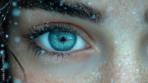 Close Up of a Blue Eye with Snowflakes