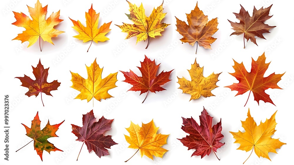 Fototapeta premium Colorful autumn leaves set isolated on white background Al Content