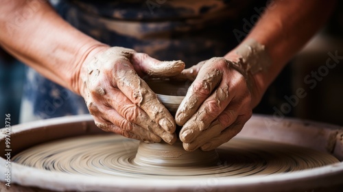 Close-up of potter's hands expertly shaping a clay pot on a spinning wheel, capturing the artistry and craftsmanship of pottery making.