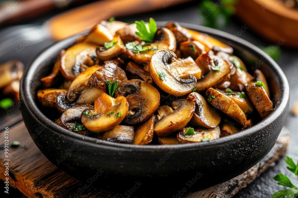 Roasted sliced champignon mushrooms in the bowl - generrative ai Roasted sliced champignon mushrooms in the bowl - generrative ai