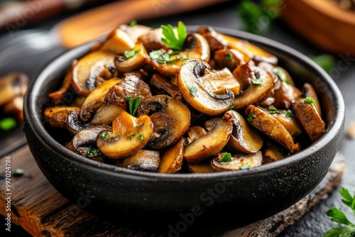 Roasted sliced champignon mushrooms in the bowl - generrative ai