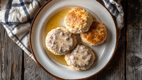 View from a high angle of a southern style plate with biscuits and gravy