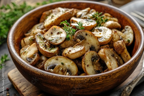 Roasted sliced champignon mushrooms in the bowl - generrative ai photo