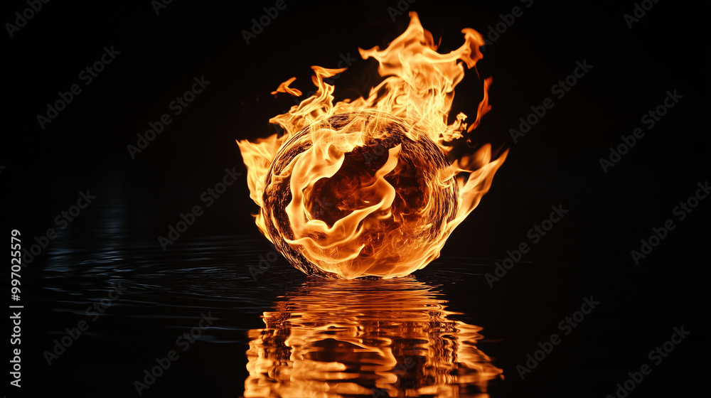 Naklejka premium Zawieszona w gęstej ciemności, kula ognia emanuje hipnotyzującym światłem, które przenika przez otaczający mrok.