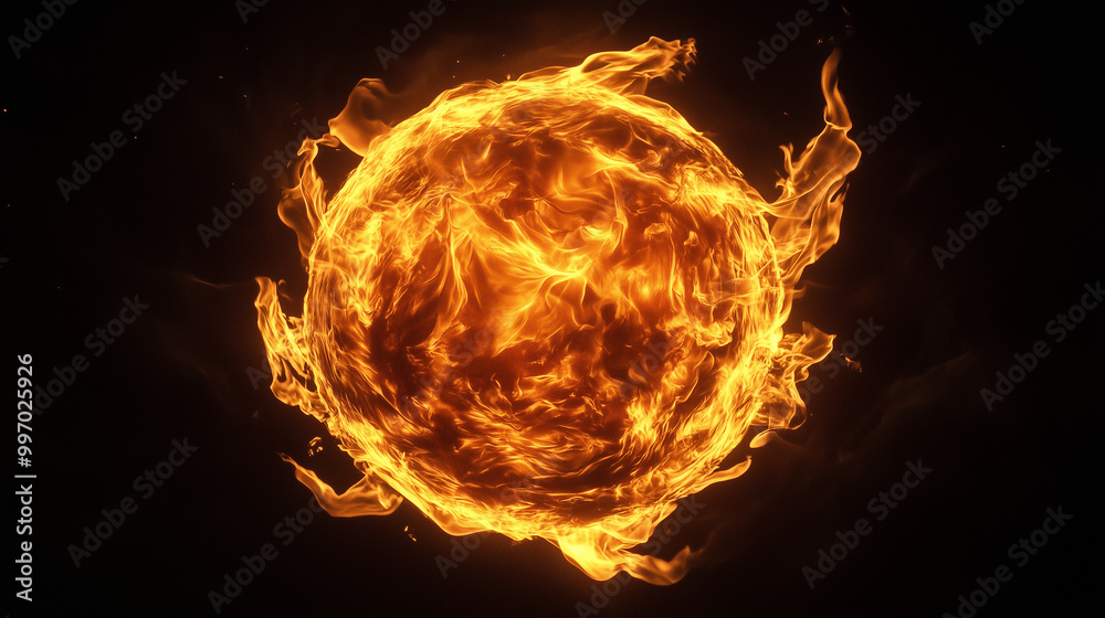 Fototapeta premium Zawieszona w gęstej ciemności, kula ognia emanuje hipnotyzującym światłem, które przenika przez otaczający mrok.