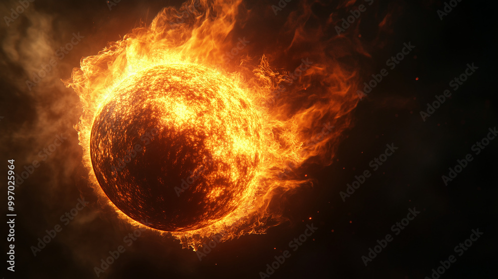 Fototapeta premium Zawieszona w gęstej ciemności, kula ognia emanuje hipnotyzującym światłem, które przenika przez otaczający mrok.