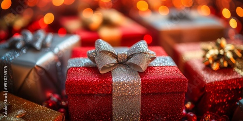 A vibrant array of beautifully wrapped Christmas presents, featuring sparkling bows and glittery paper against a warm, festive background.