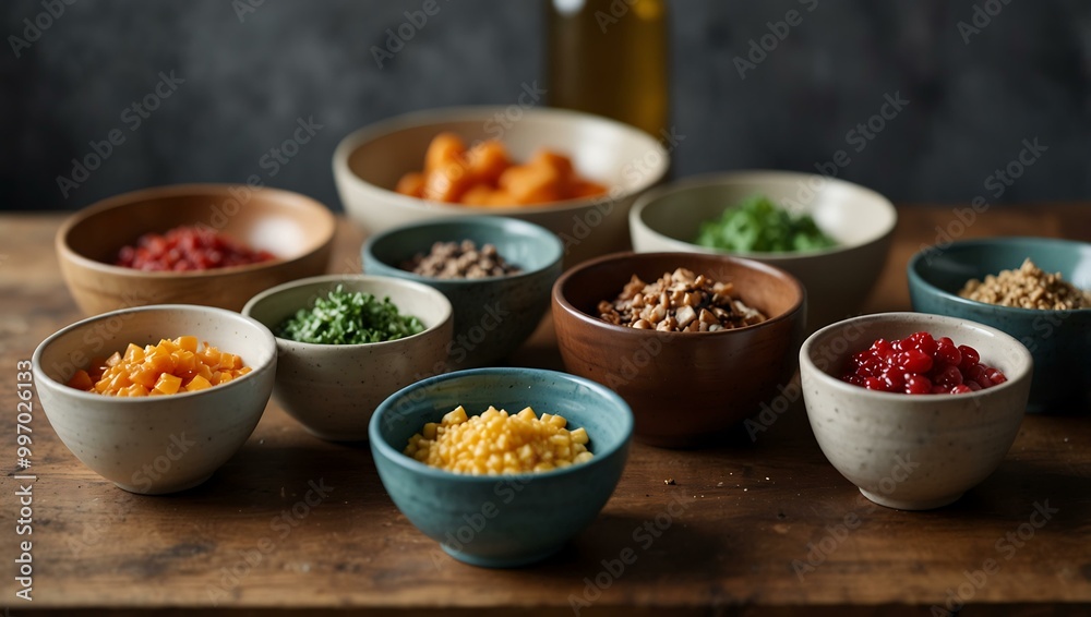 Unique bowls with ingredients set out on a table. Unique bowls with ingredients set out on a table.
