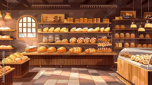 A cozy bakery interior filled with various types of bread and pastries on display.