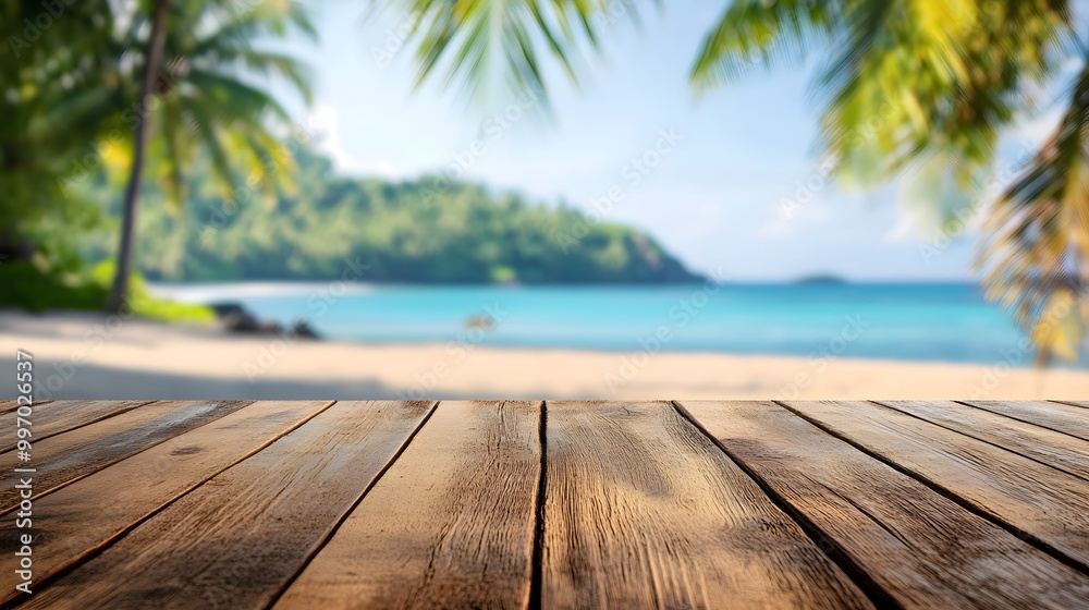 Empty wooden table top with blurred tropical beach background for product display montage, with copy space Empty wooden table top with blurred tropical beach background for product display montage, with copy space