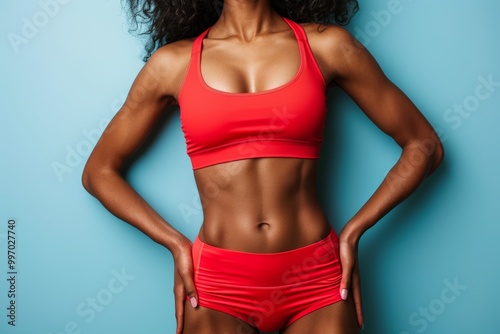 A close up of a womans toned midsection wearing a red bikini set, posed against a solid light blue background. The image emphasizes fitness and body aesthetics.